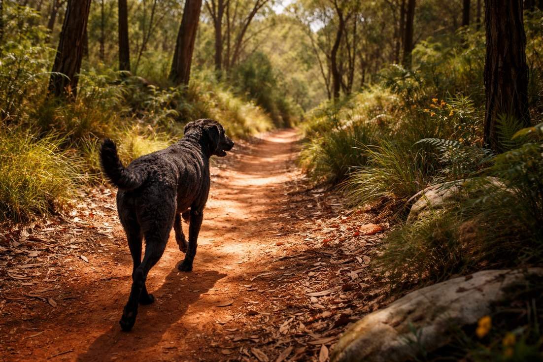Curly Coated Retriever Exploring Bush Trail