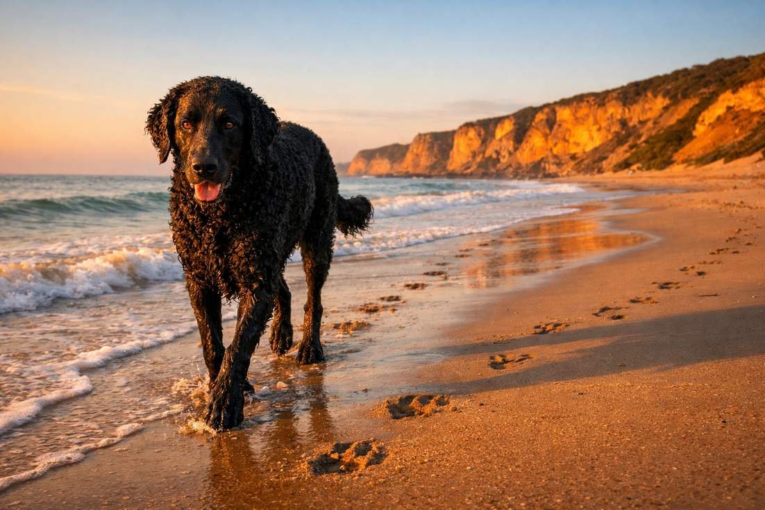 Curly Coated Retriever Walking Along Beach