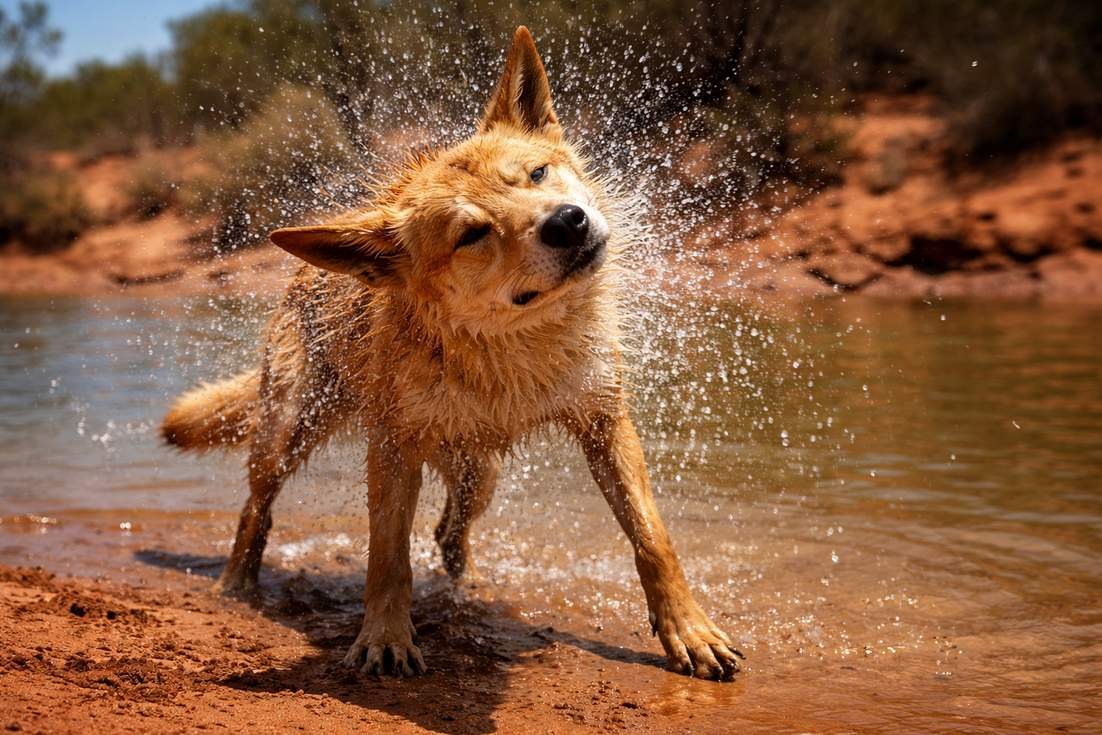 Dingo Shaking Off Water After A Dip