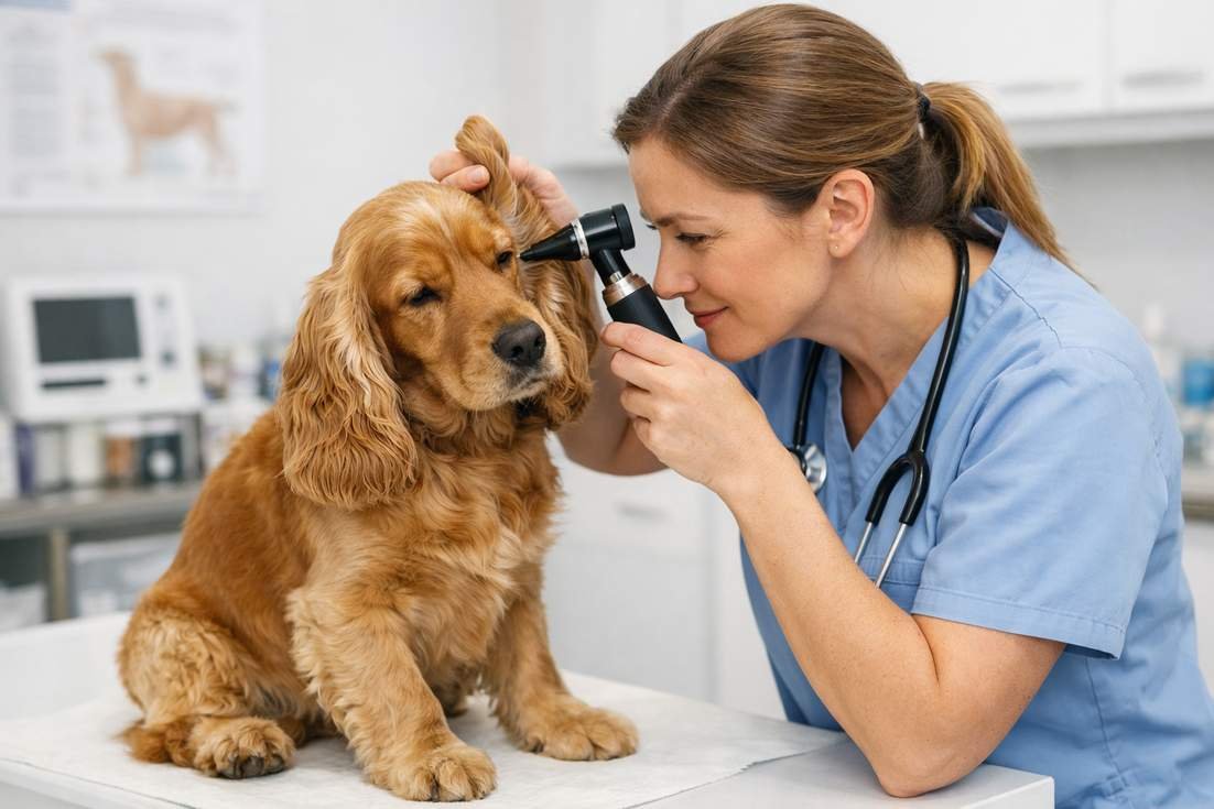 English Cocker Spaniel Having Its Ears Examined By A Veterinarian