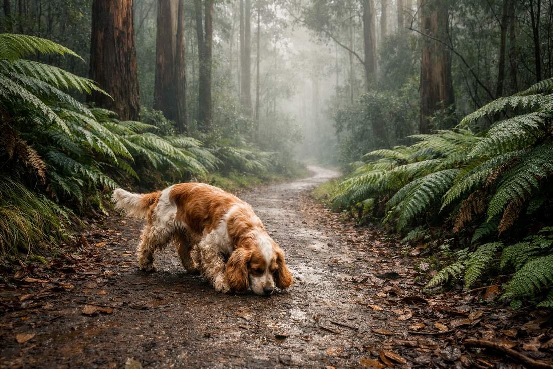 English Cocker Spaniel Scent Tracking Along A Dandenong Ranges Forest Trail