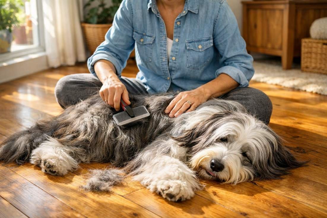 Owner Brushing A Bearded Collies Long Coat