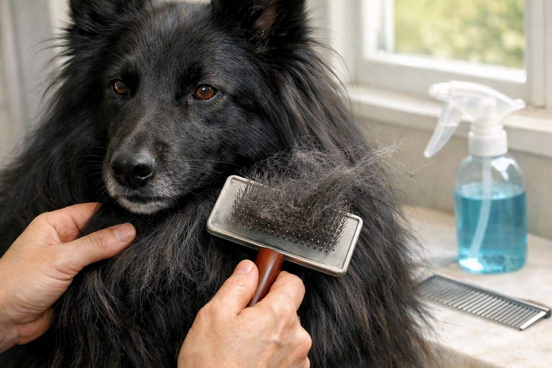 Owner Brushing Belgian Shepherds Long Black Coat