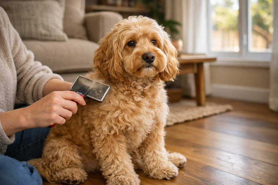 Owner Brushing Spoodle Wavy Curly Coat During Regular Grooming Session