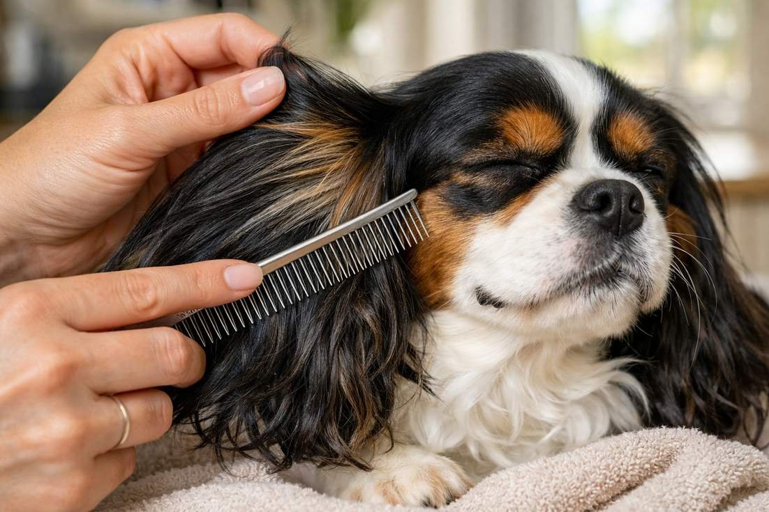 owner-gently-combing-silky-feathered-ear-of-cavalier-king-charles-spaniel-during-grooming Owner Gently Combing Silky Feathered Ear Of Cavalier King Charles Spaniel During Grooming