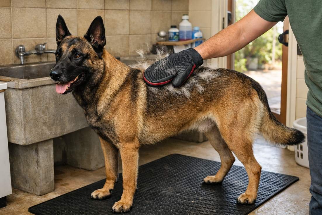 owner-using-a-grooming-mitt-on-a-belgian-malinois Owner Using A Grooming Mitt On A Belgian Malinois