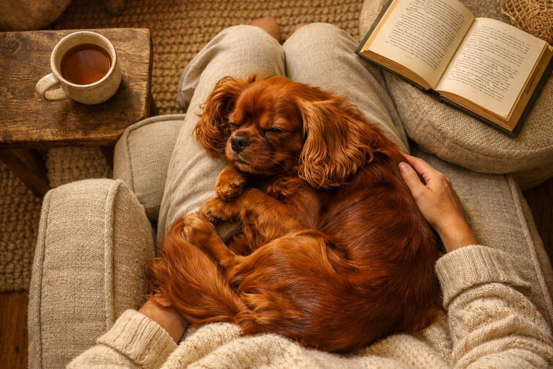 ruby-cavalier-king-charles-spaniel-curled-in-owners-lap Ruby Cavalier King Charles Spaniel Curled In Owners Lap