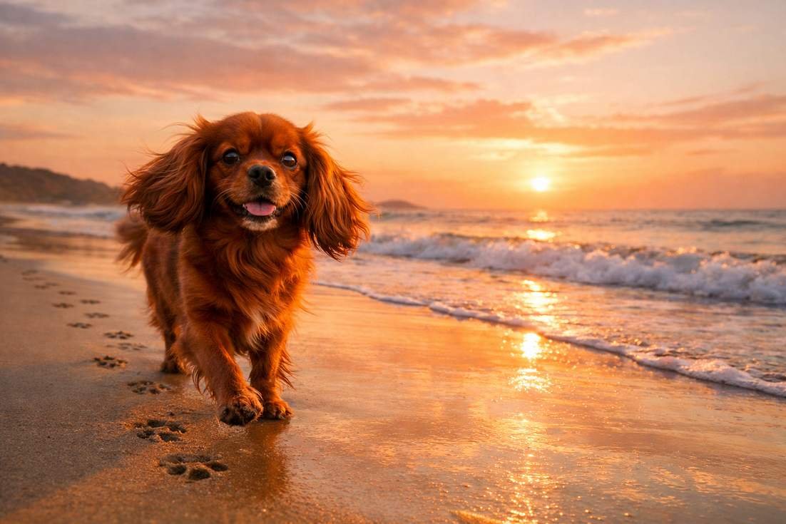 ruby-cavalier-king-charles-spaniel-trotting-along-beach Ruby Cavalier King Charles Spaniel Trotting Along Beach