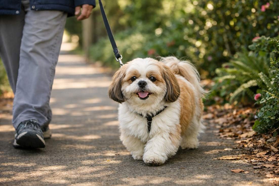 Shih Tzu On Gentle Morning Walk Showing Low Key Exercise Needs