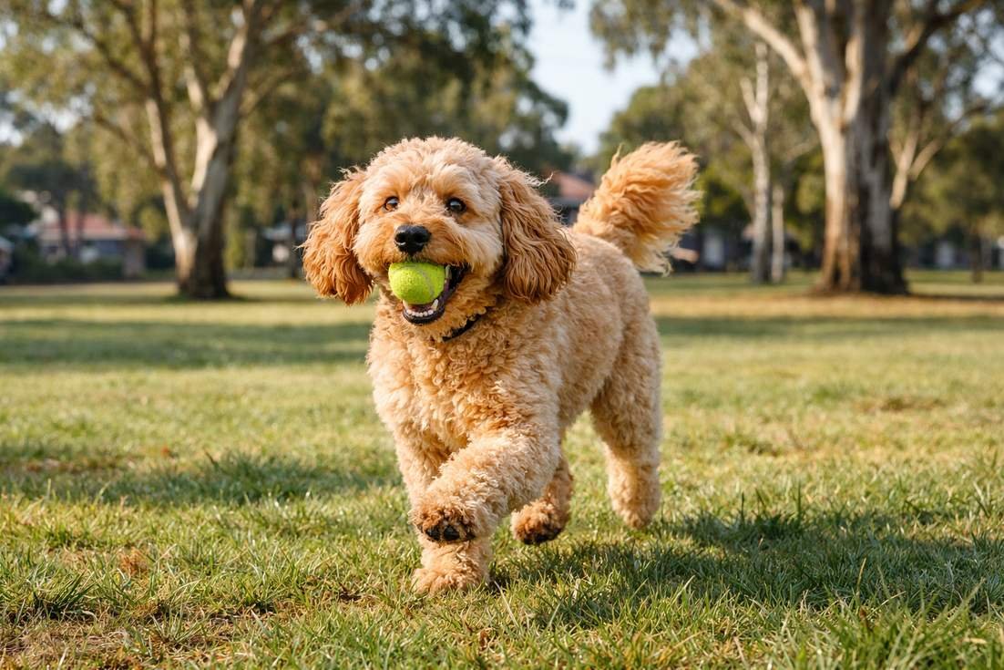 Spoodle Fetching Ball In Park Showing Moderate Exercise Needs