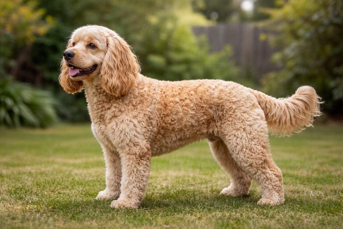 Spoodle Full Body Side Profile Showing Medium Small Build And Wavy Curly Coat