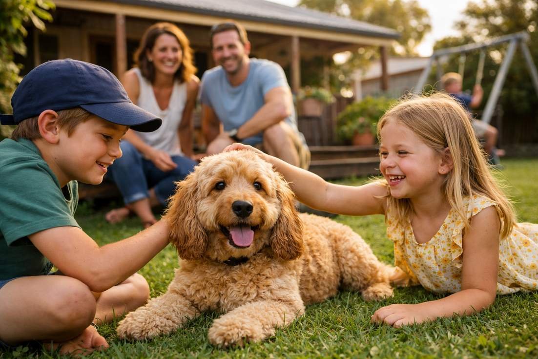 Spoodle Playing With Family Showing Ideal Family Friendly Nature