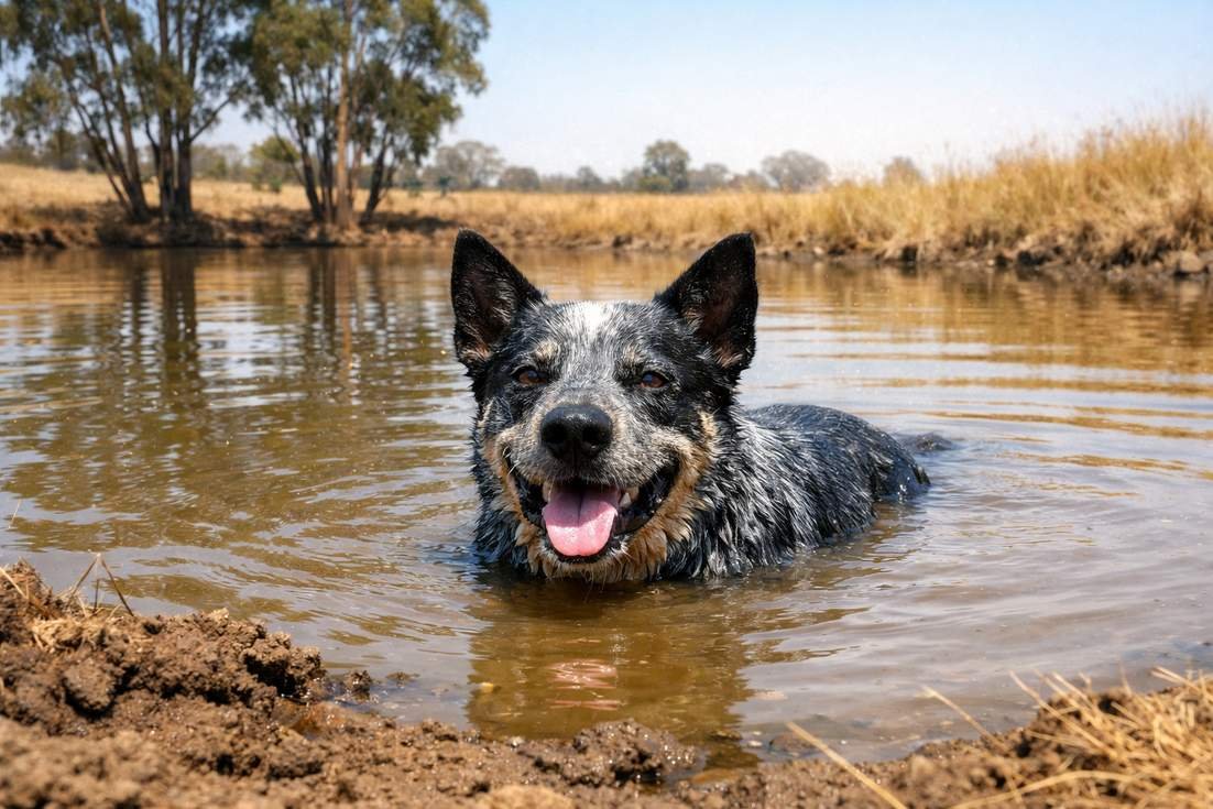 Stumpy Tail Cattle Dog Cooling Off In Farm Dam