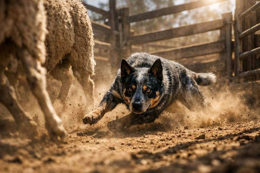 Stumpy Tail Cattle Dog Mustering Sheep In Dusty Stockyards