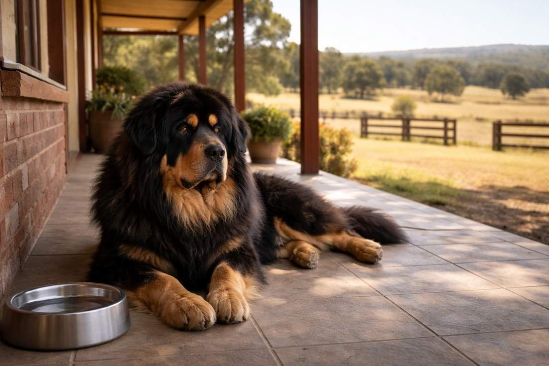 Tibetan Mastiff On Rural Property Verandah Showing Ideal Large Acreage Living Environment