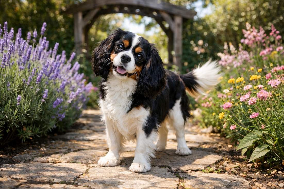 tricolour-cavalier-king-charles-spaniel-standing-in-blooming-cottage Tricolour Cavalier King Charles Spaniel Standing In Blooming Cottage