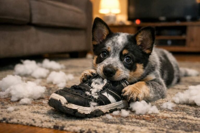 A Blue Heeler Puppy Chewing A Destroyed Sneaker Surrounded By Cushion Stuffing