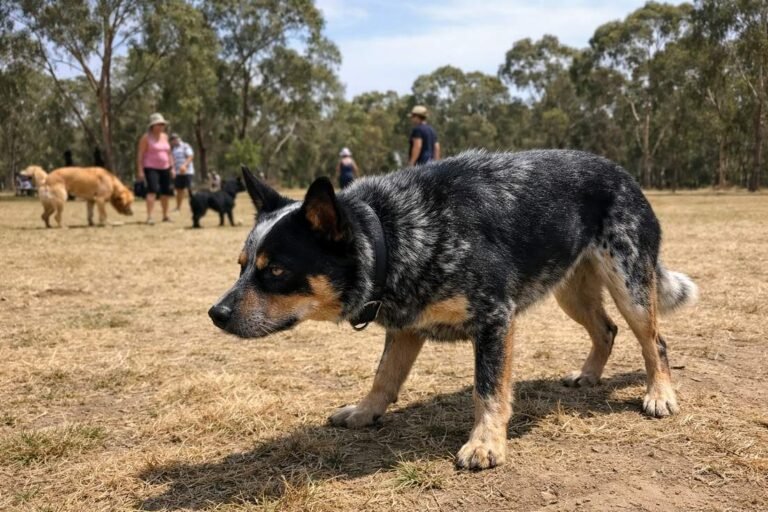 A Cattle Dog Mix At A Dog Park Showing Stiff Body Language And Raised Hackles