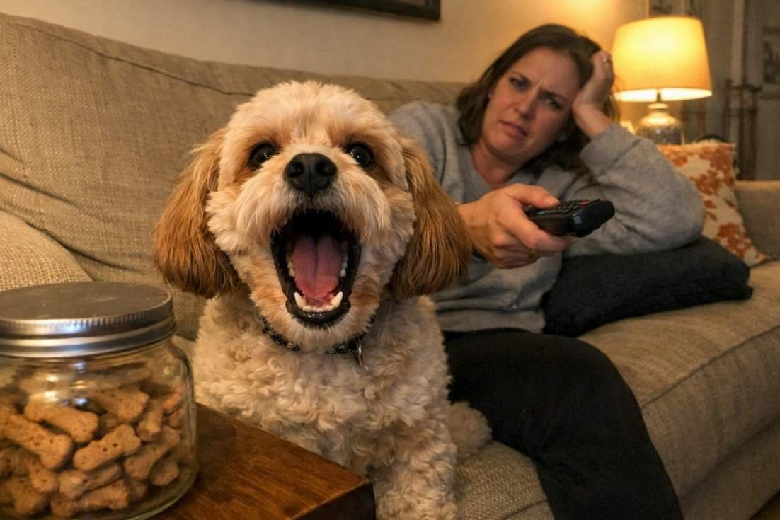 A Cavoodle Barking Demandingly At Its Owner On The Couch