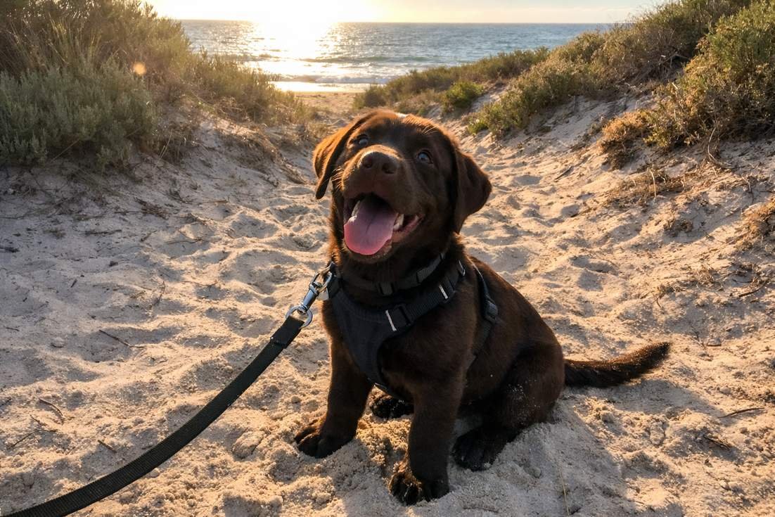 A Chocolate Labrador Sitting On A Sandy Path At Abeach