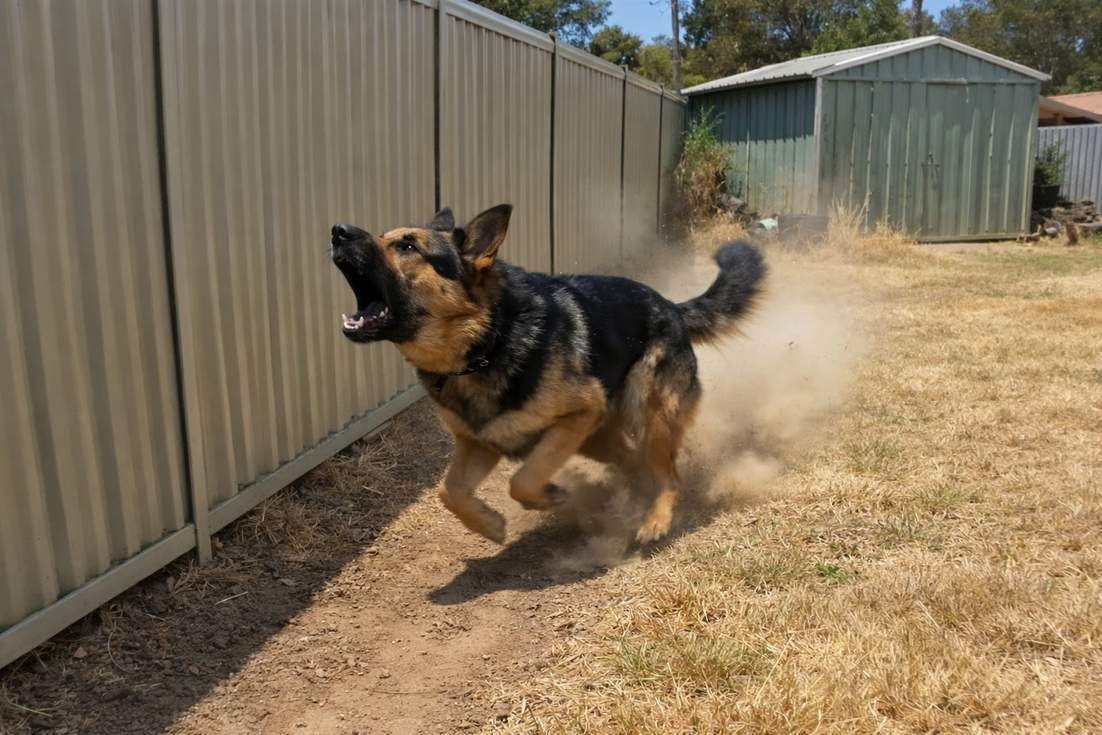 A German Shepherd Mix Running Along A Colourbond Fence Line In A Dusty Backyard