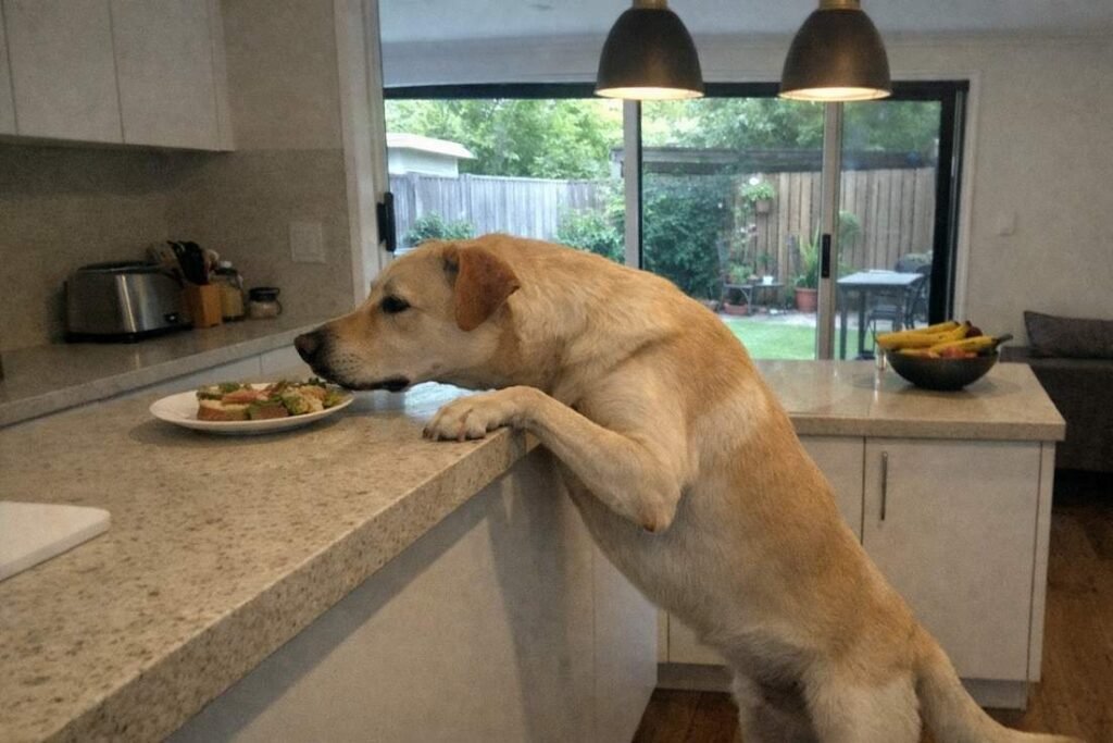 A Labrador Standing On Hind Legs Stealing Food From A Kitchen
