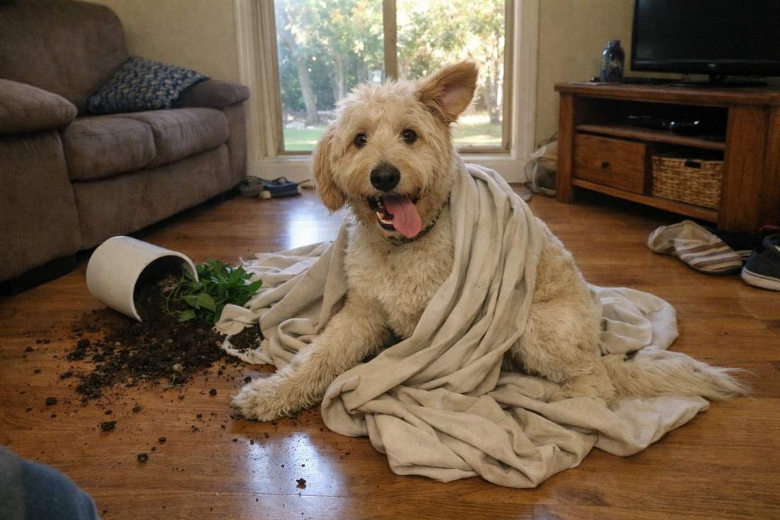 A Lanky Adolescent Labradoodle Tangled In A Pulled Down Curtain In A Messy Living Room