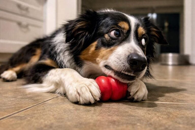 A Tense Border Collie Mix Guarding A Toy On A Kitchen Floor
