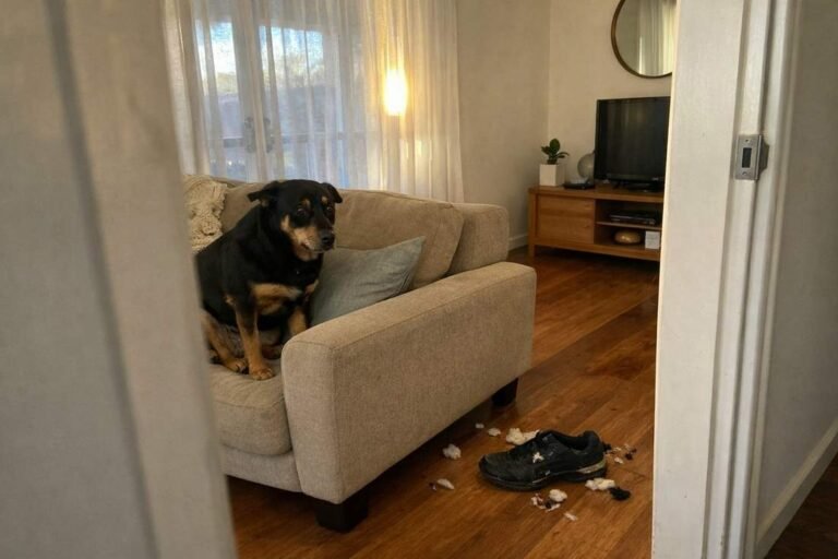 An Anxious Kelpie Cross Dog Sitting Alone On A Couch Looking Towards The Front Door