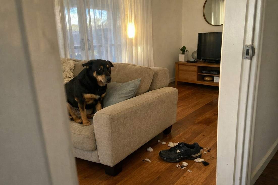 An Anxious Kelpie Cross Dog Sitting Alone On A Couch Looking Towards The Front Door