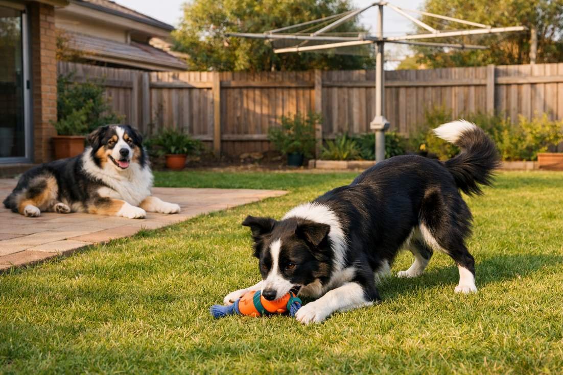 border-collie-and-australian-shepherd-at-backyard Border Collie And Australian Shepherd At Backyard