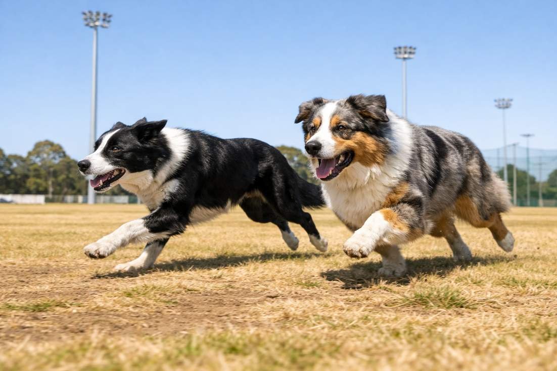border-collie-with-australian-shepherd-running Border Collie With Australian Shepherd Running