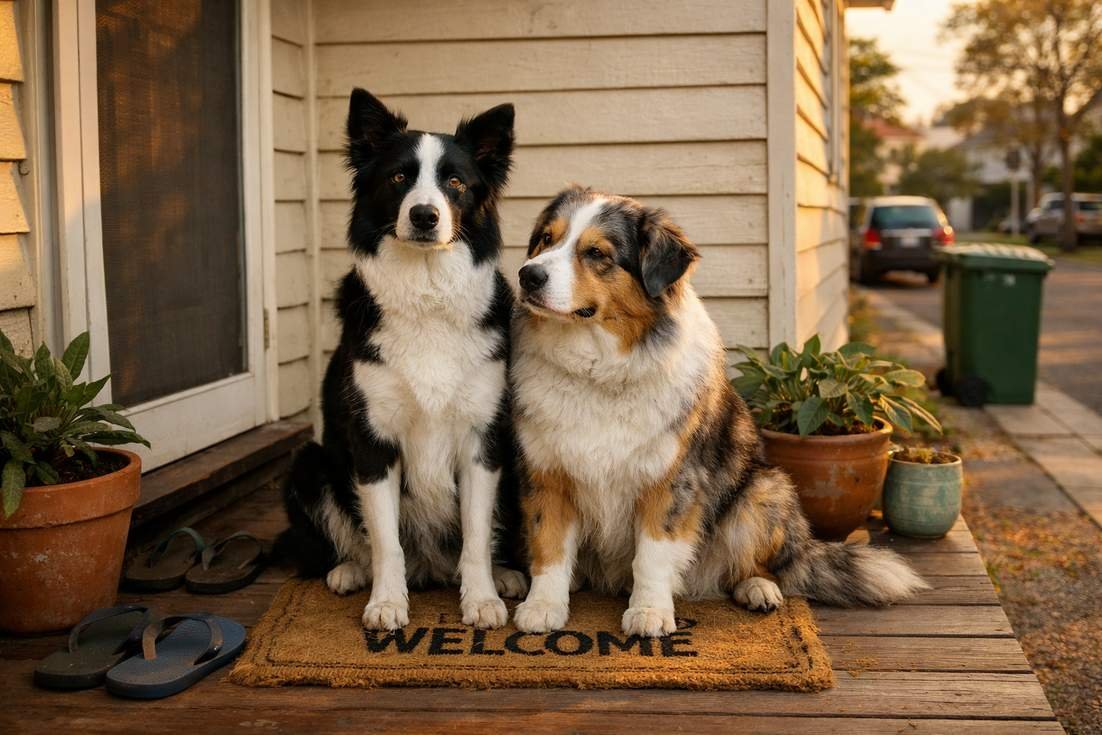 border-collie-with-australian-shepherd-sitting-outside Border Collie With Australian Shepherd Sitting Outside