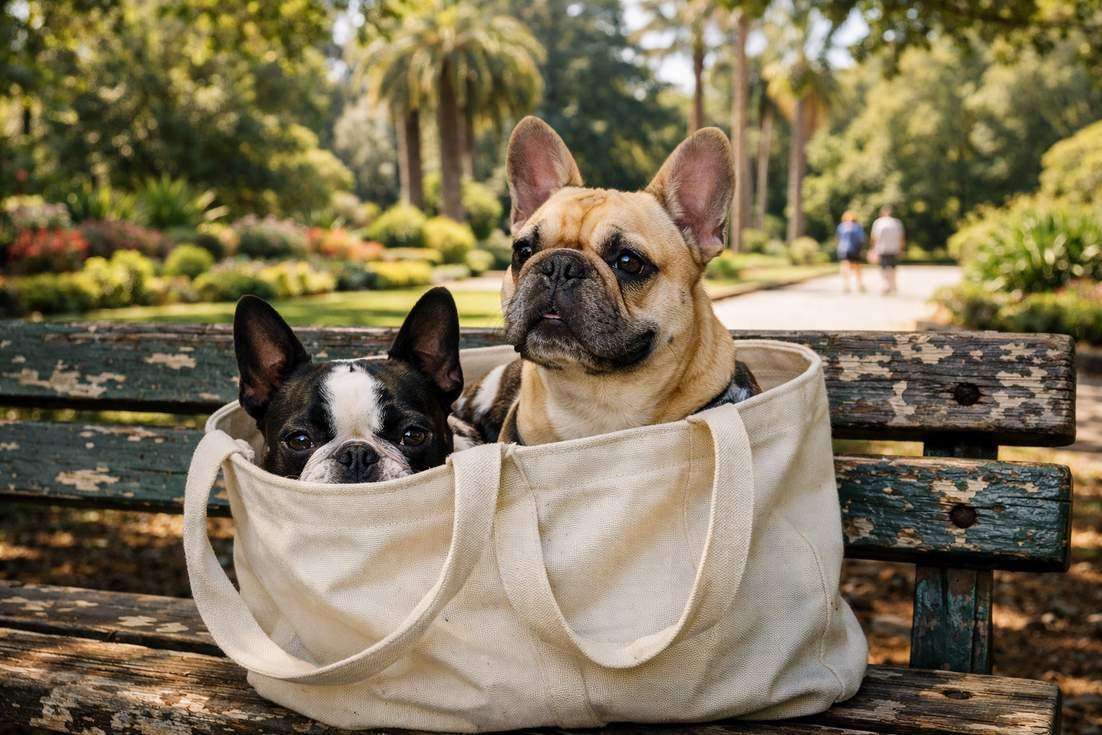 Boston Terrier With French Bulldog In Carry Bag