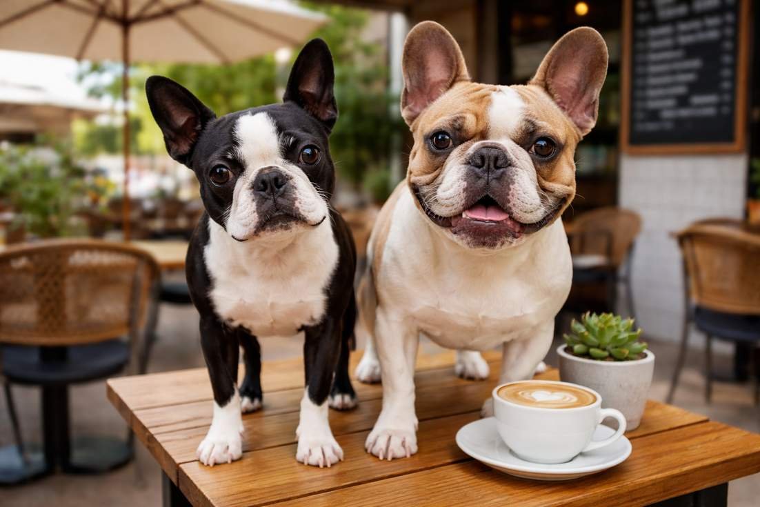Boston Terrier With French Bulldog On Table