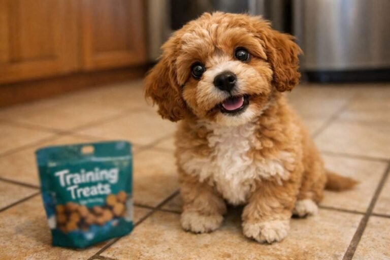 Cavoodle Puppy Sitting On A Kitchen Floor Next To A Bag Of Treats