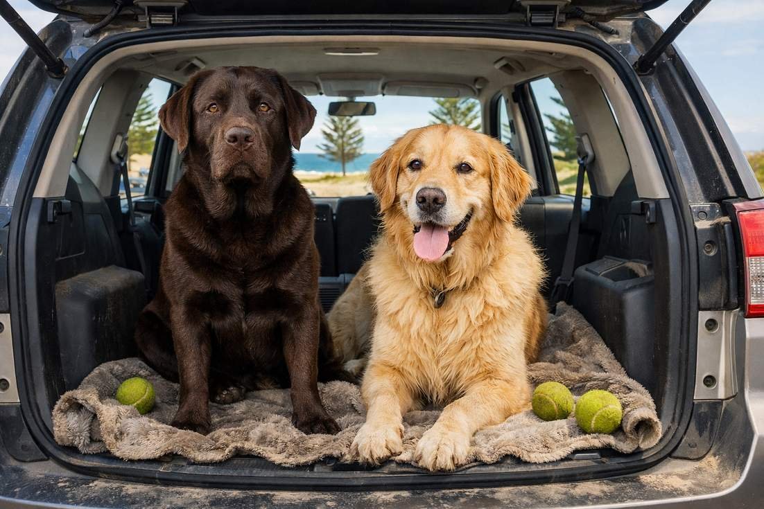 Chocolate Lab And Golden Retriever In Car Boot