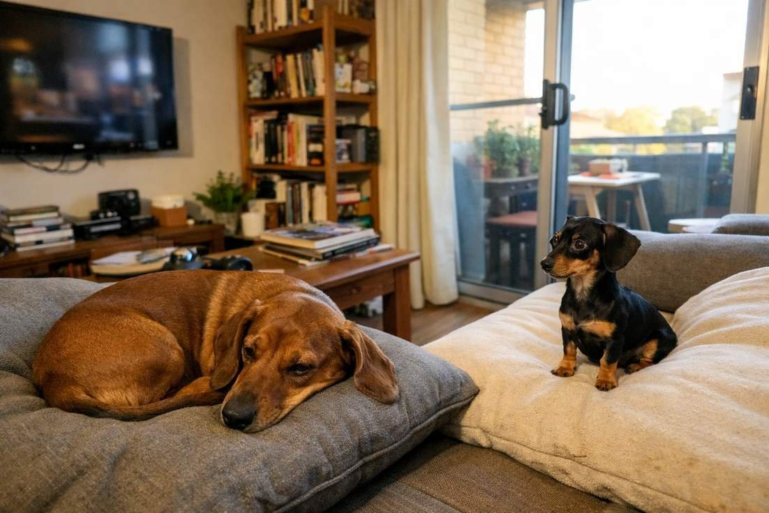 Dachshund And Miniature Dachshund On Sofa