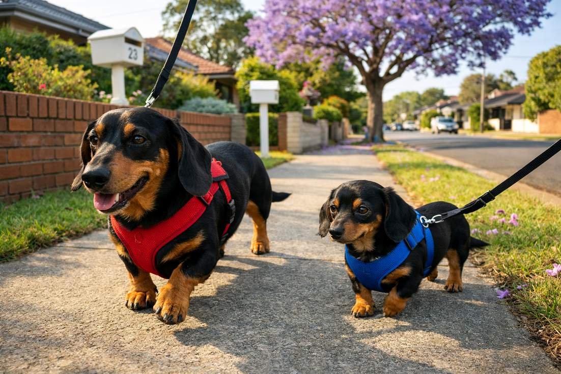 Dachshund With Miniature Dachshund Walking