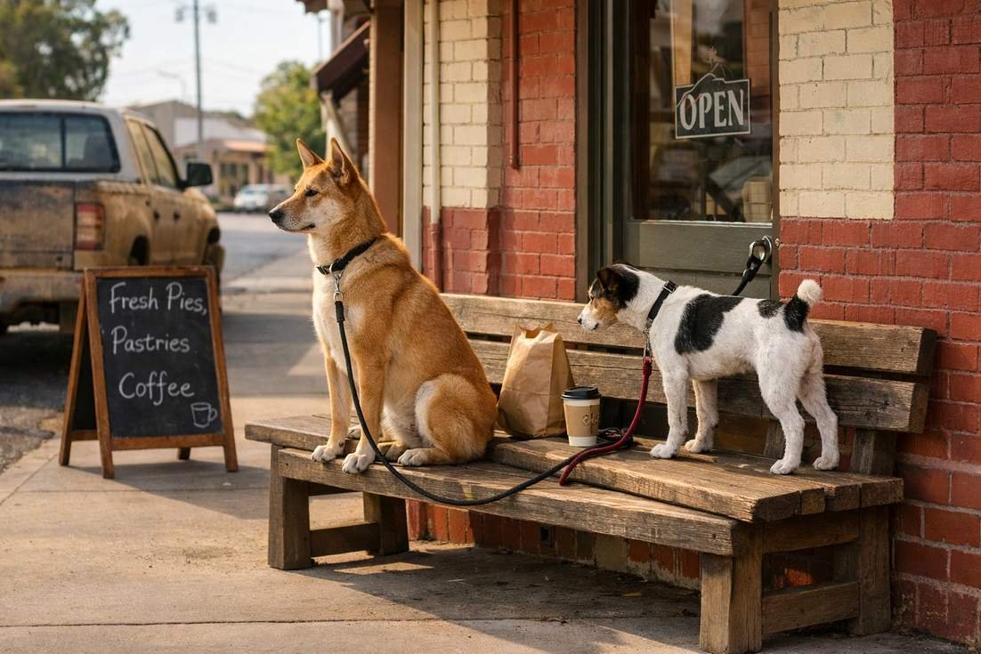 Dingo With Fox Terrier Outside Of Cafe