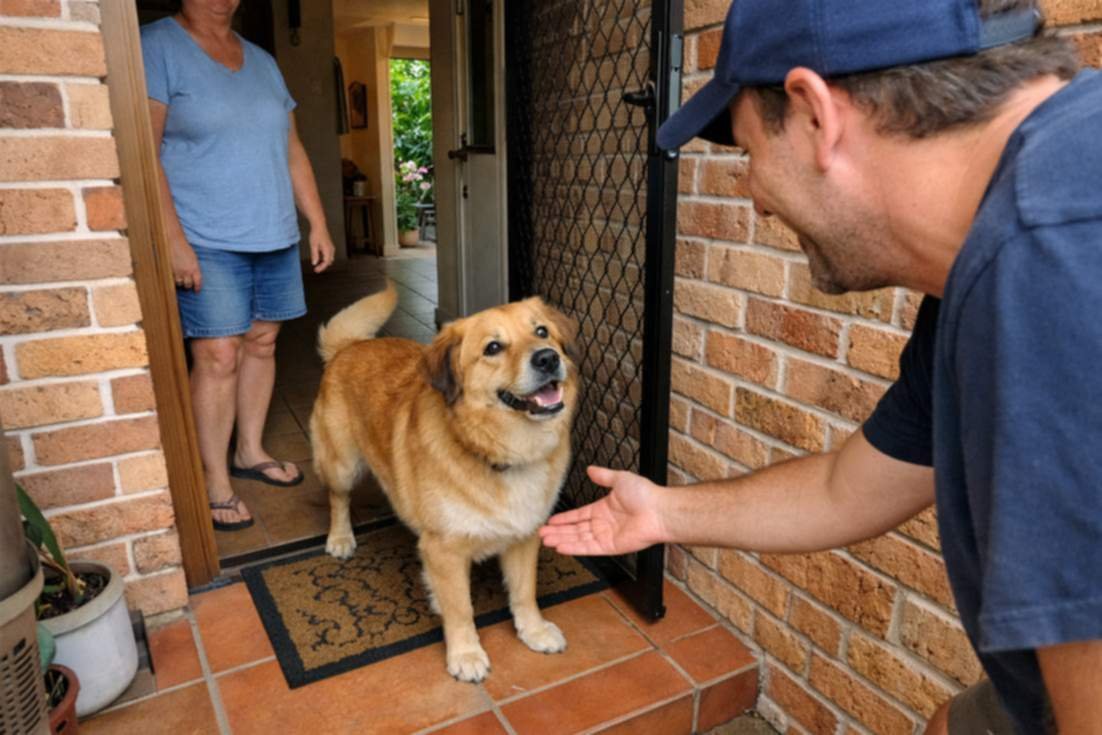 Dog Calmly Greeting A Visitor At The Front Door Of A Home