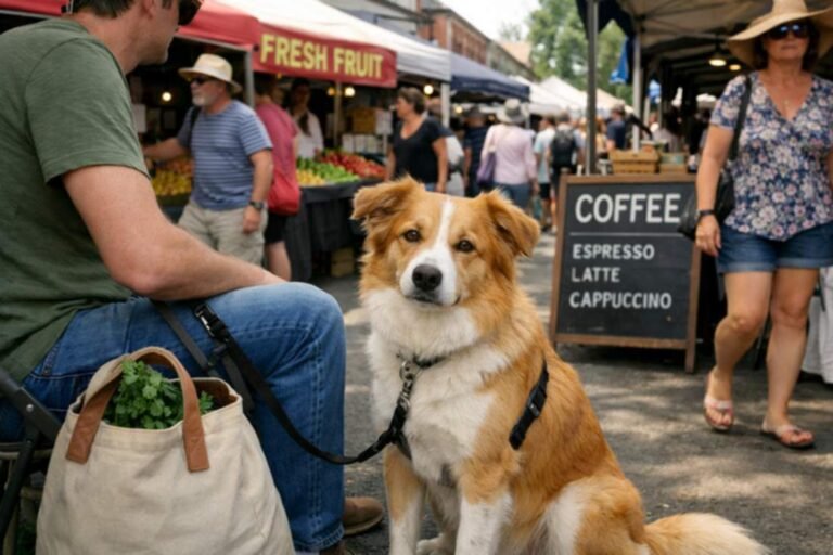 Dog Sitting Obediently Beside Owner At A Busy Farmers Market