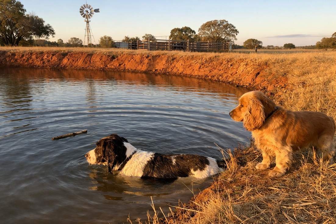 English Springer Spaniel And Cocker Spaniel Near Lake
