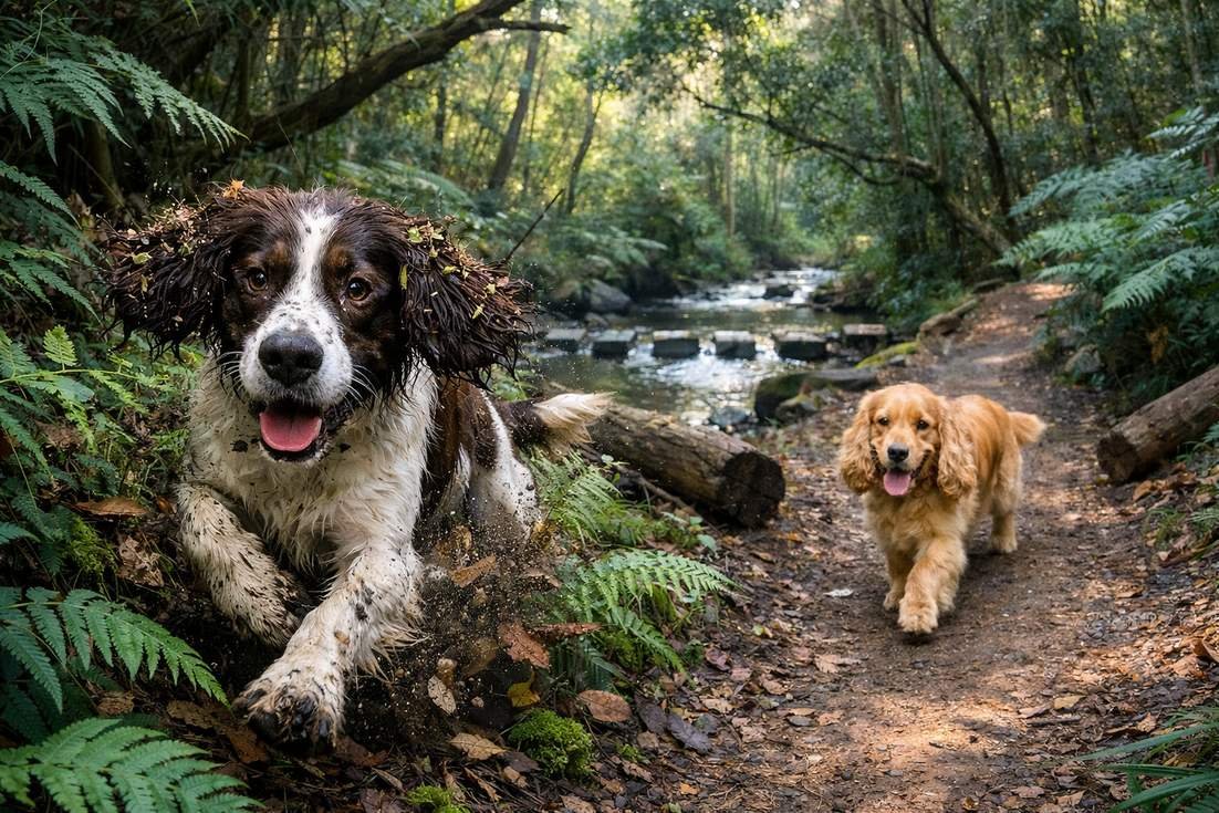 English Springer Spaniel And Cocker Spaniel Running