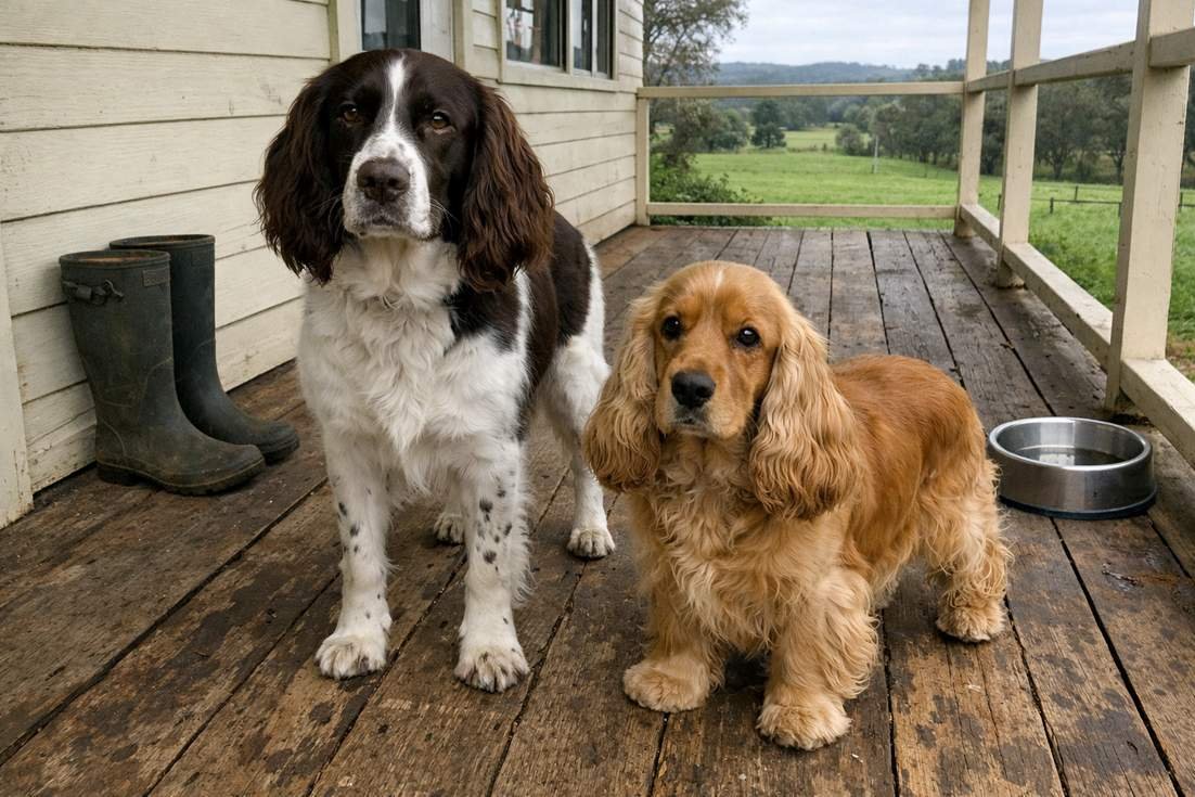 English Springer Spaniel And Cocker Spaniel Standing Outside