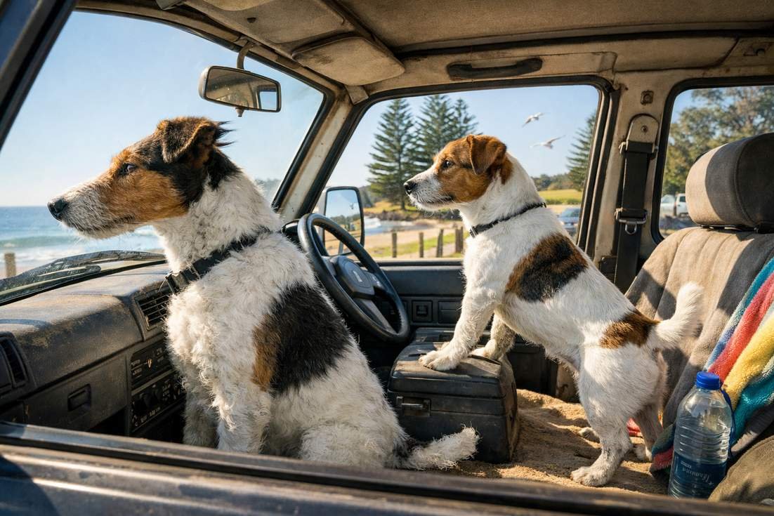 Fox Terrier And Jack Russell In Car