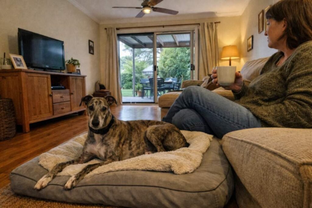 Greyhound Resting On Its Bed In A Bright Living Room