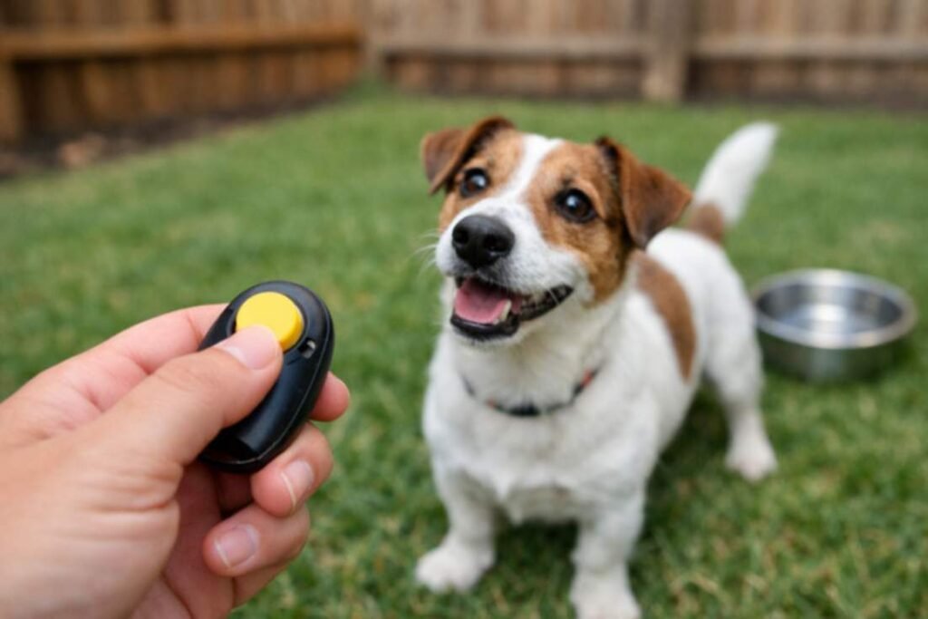 Hand Holding A Clicker With An Eager Jack Russell At Backyard