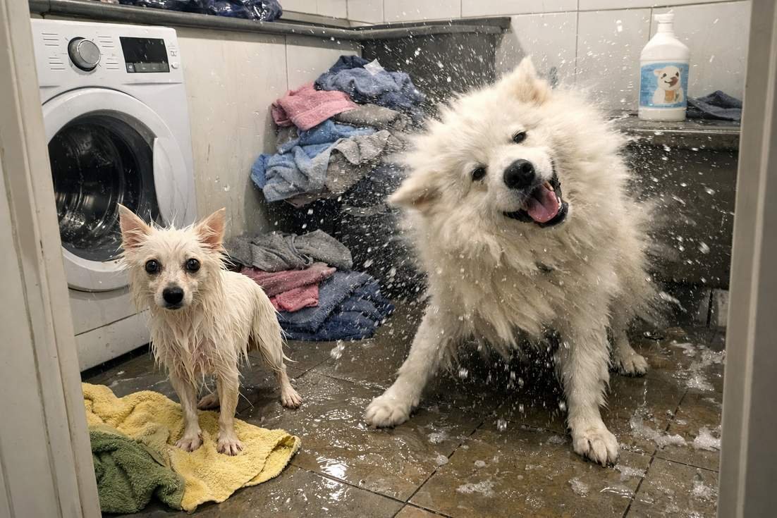 Japanese Spitz And Samoyed Bathing
