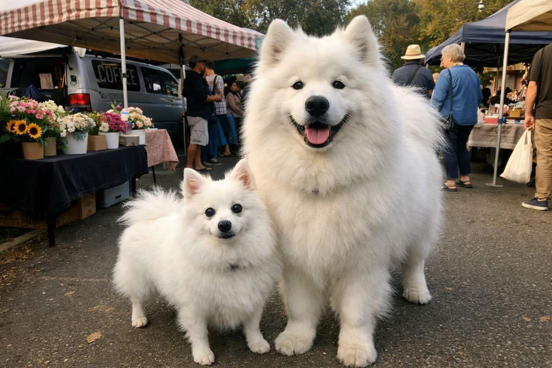 Japanese Spitz And Samoyed Standing